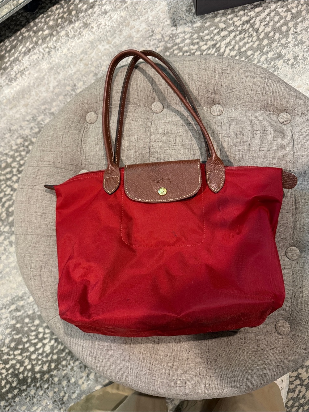 Longchamp Red Tote with Brown Leather Trim